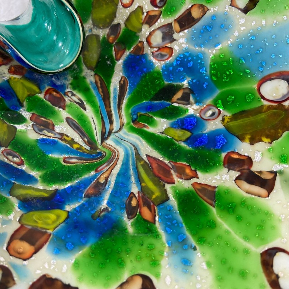 Vintage Mid century  Murano Italian Colorful Confetti Glass Bowl Teal Silver - Picture 6 of 12